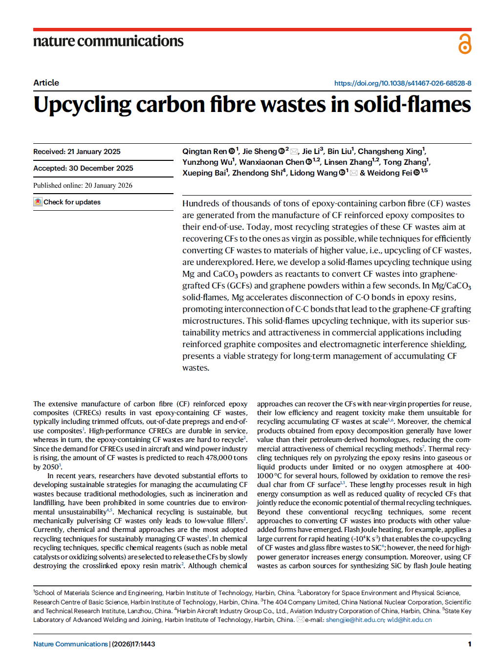 Upcycling carbon fibre wastes in solid-flames 论文首页