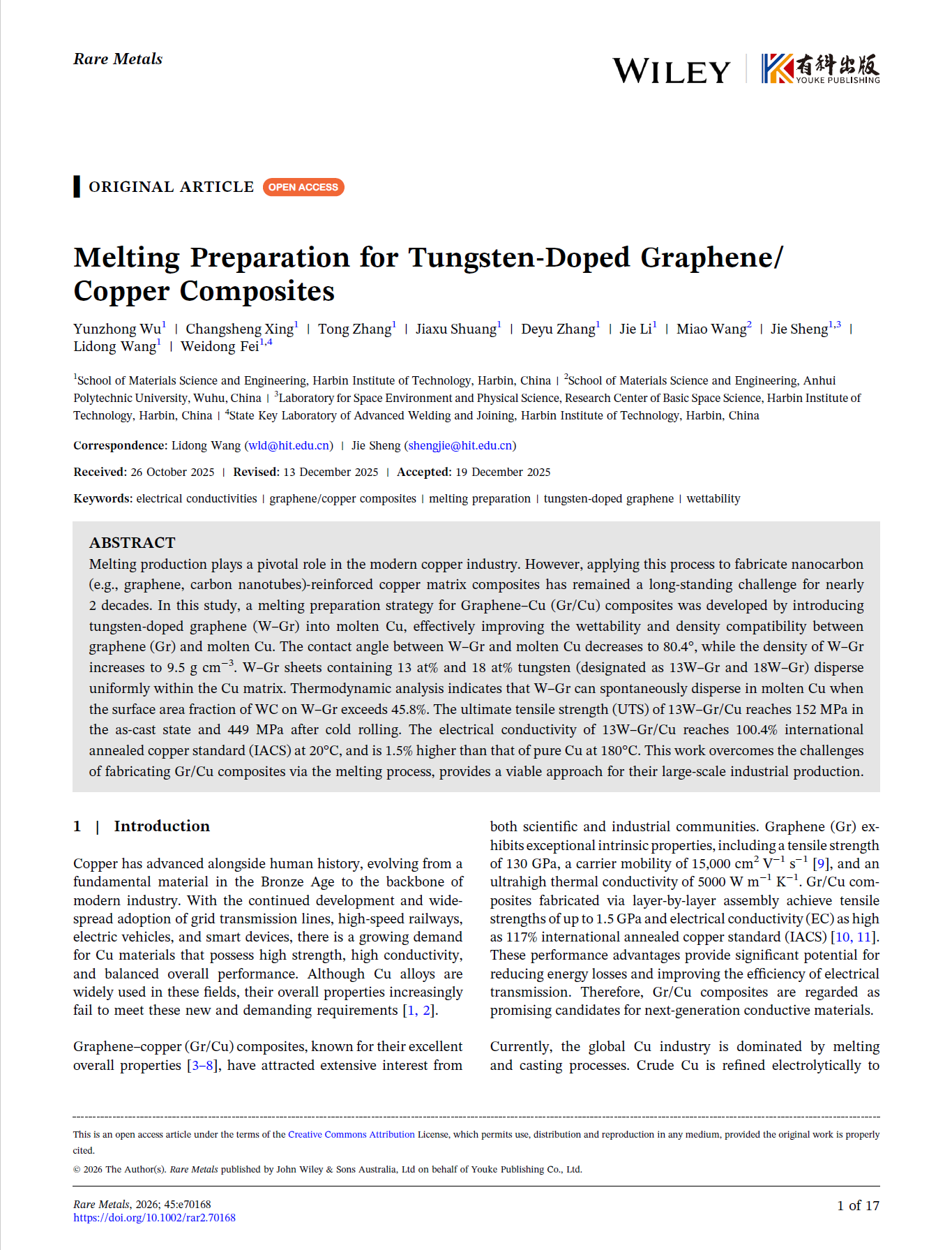 Melting Preparation for Tungsten-Doped Graphene/Copper Composites 论文首页