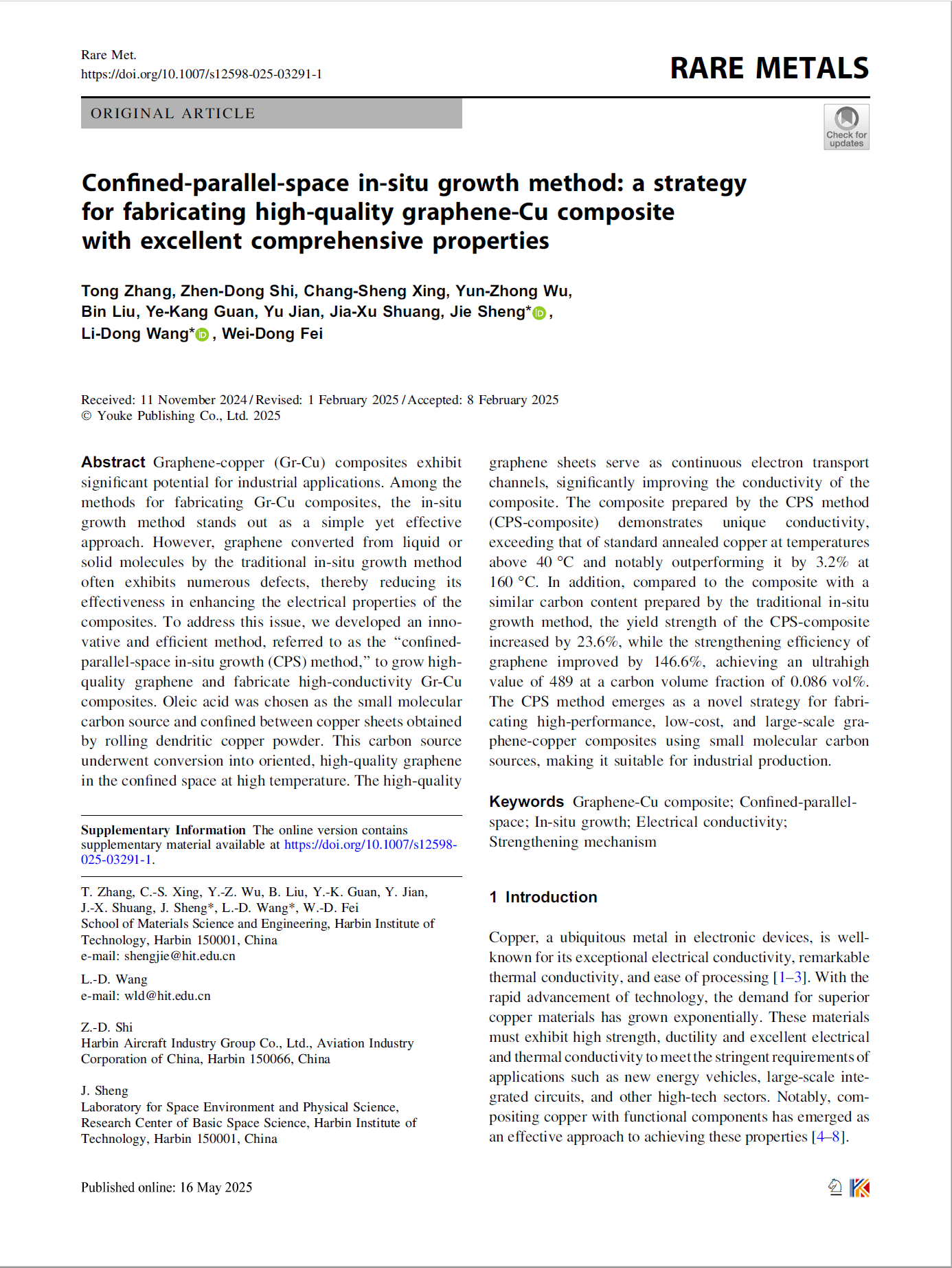 Confined-parallel-space in-situ growth method: a strategy for fabricating high-quality graphene-Cu composite with excellent comprehensive properties 论文首页