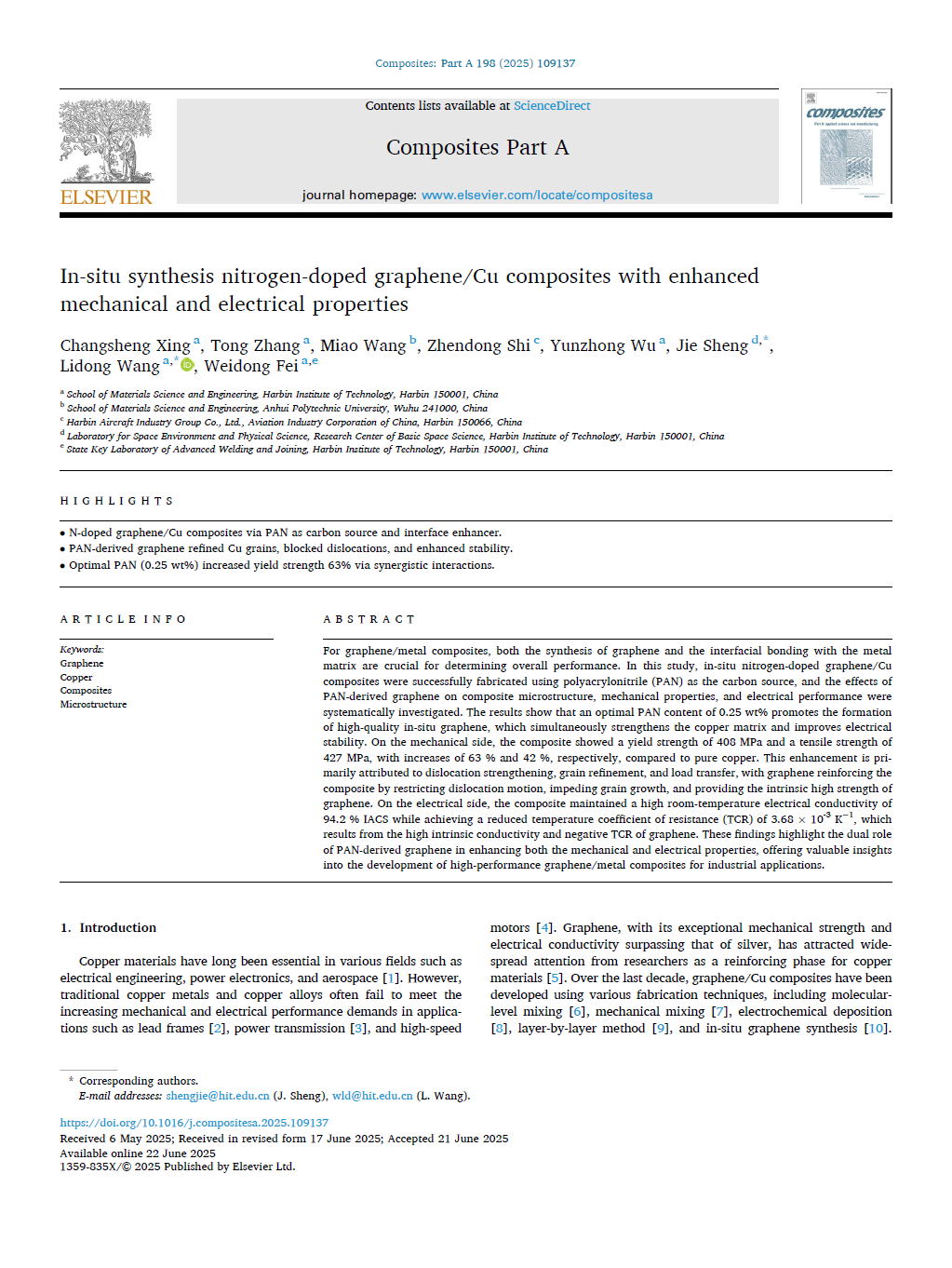 In-situ synthesis nitrogen-doped graphene/Cu composites with enhanced mechanical and electrical properties 论文首页